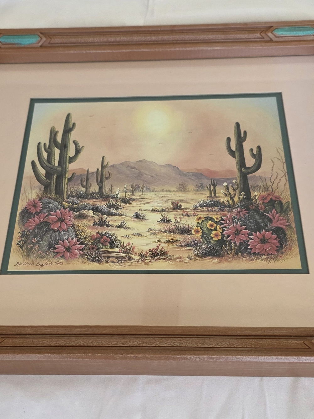 Vintage Kathleen English-Pitts Desert Print HOMCO Faux Wood Frame Teal Accent